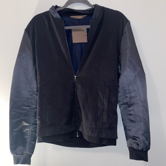 Zara Other - Zara Man Black Bomber Jacket with Satin Sleeves and elastic wrist Size S